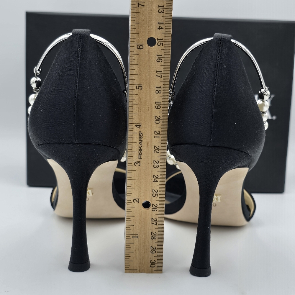NIB Badgley Mischka Loretta Dual Pearl Strap Stiletto Heel Sandals, Black Satin - Picture 11 of 16